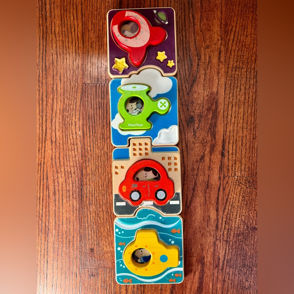 PlanToys Vehicle Puzzle - Wood - Submarine, car, helicopter, spaceship